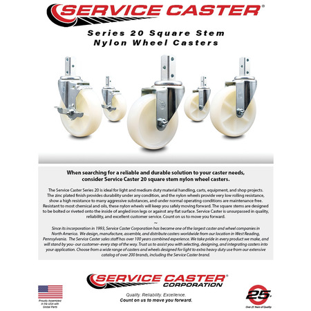 Service Caster 5 Inch Nylon Wheel Swivel 7/8 Inch Square Stem Caster Set SCC-SQ20S514-NYS-78-4